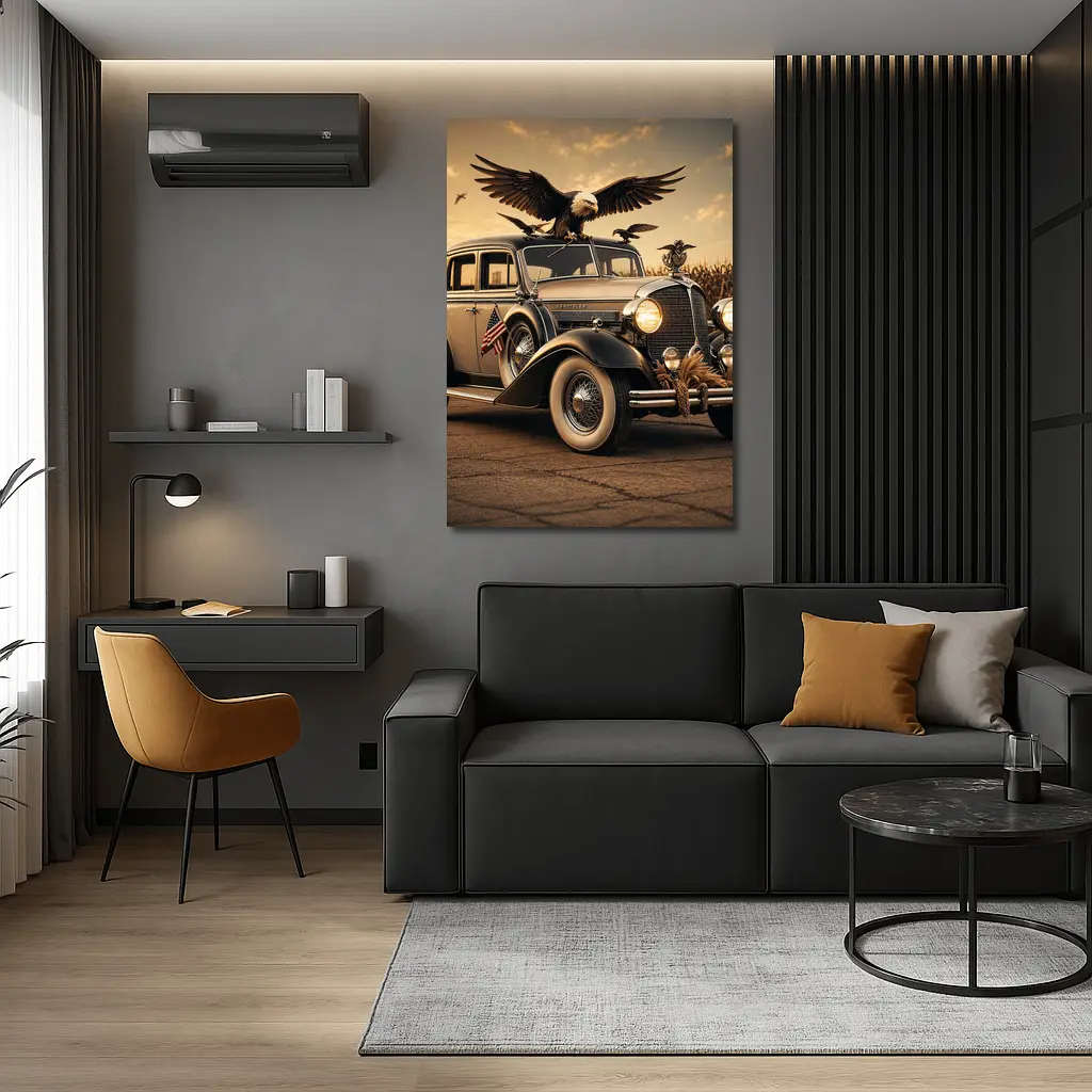 Chrysler Classic Car Bald Eagle American Flag – Wall Art