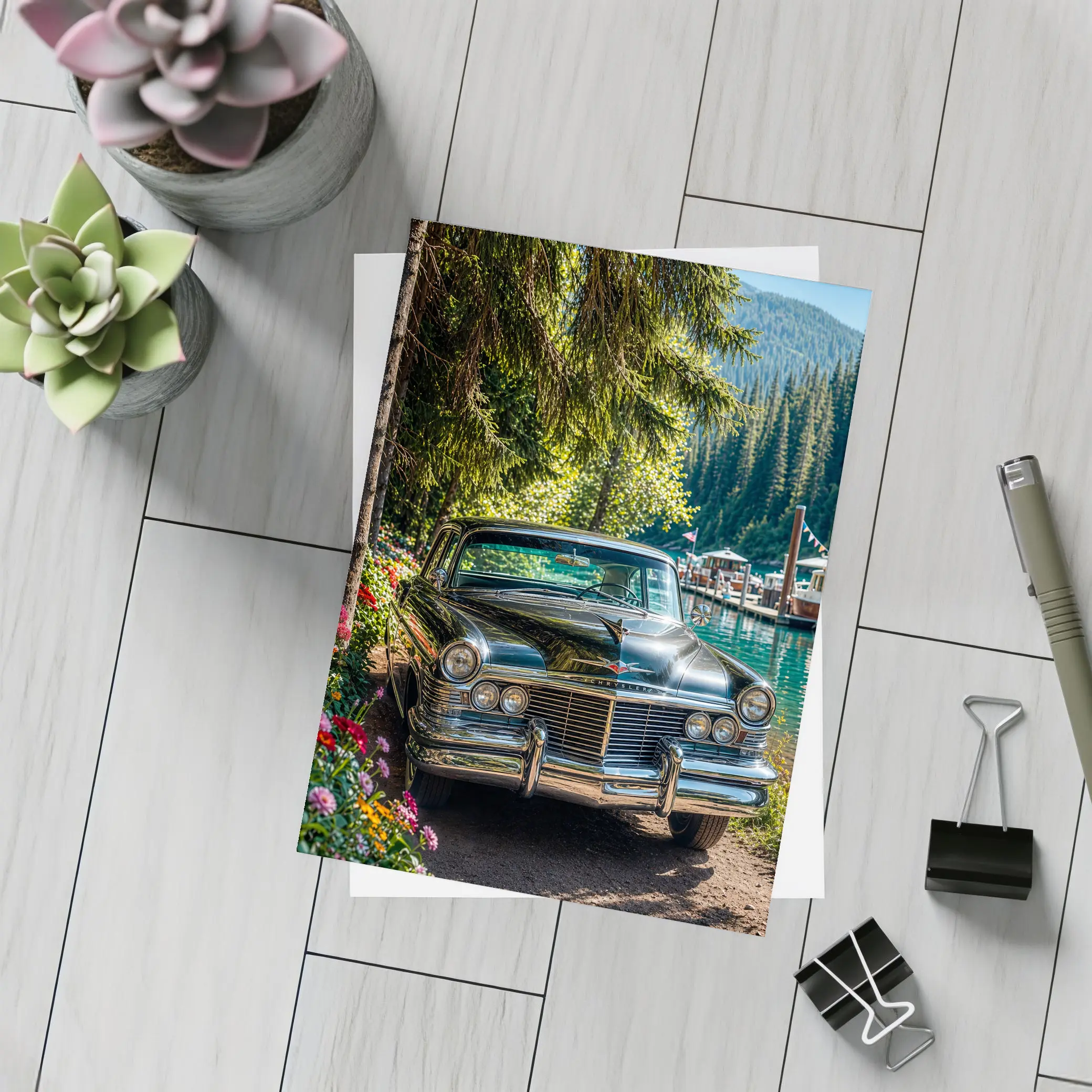 Chrysler Classic Car by Mountain Lake – Postcards