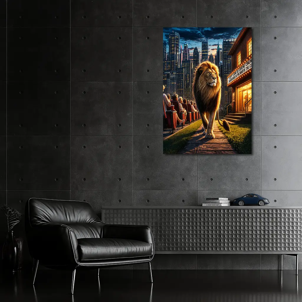 Lion Walking Past City Cinema at Night – Wall Art