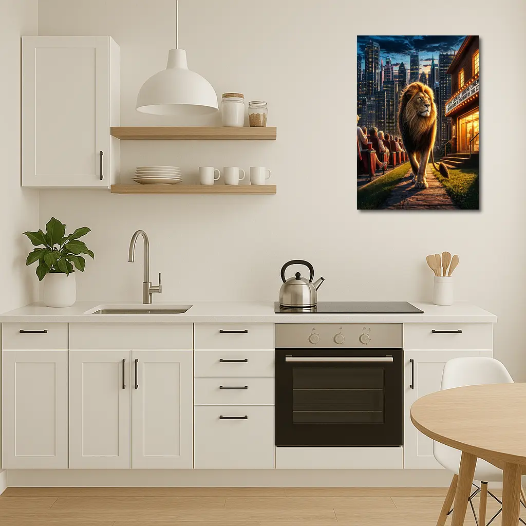 Lion Walking Past City Cinema at Night – Wall Art
