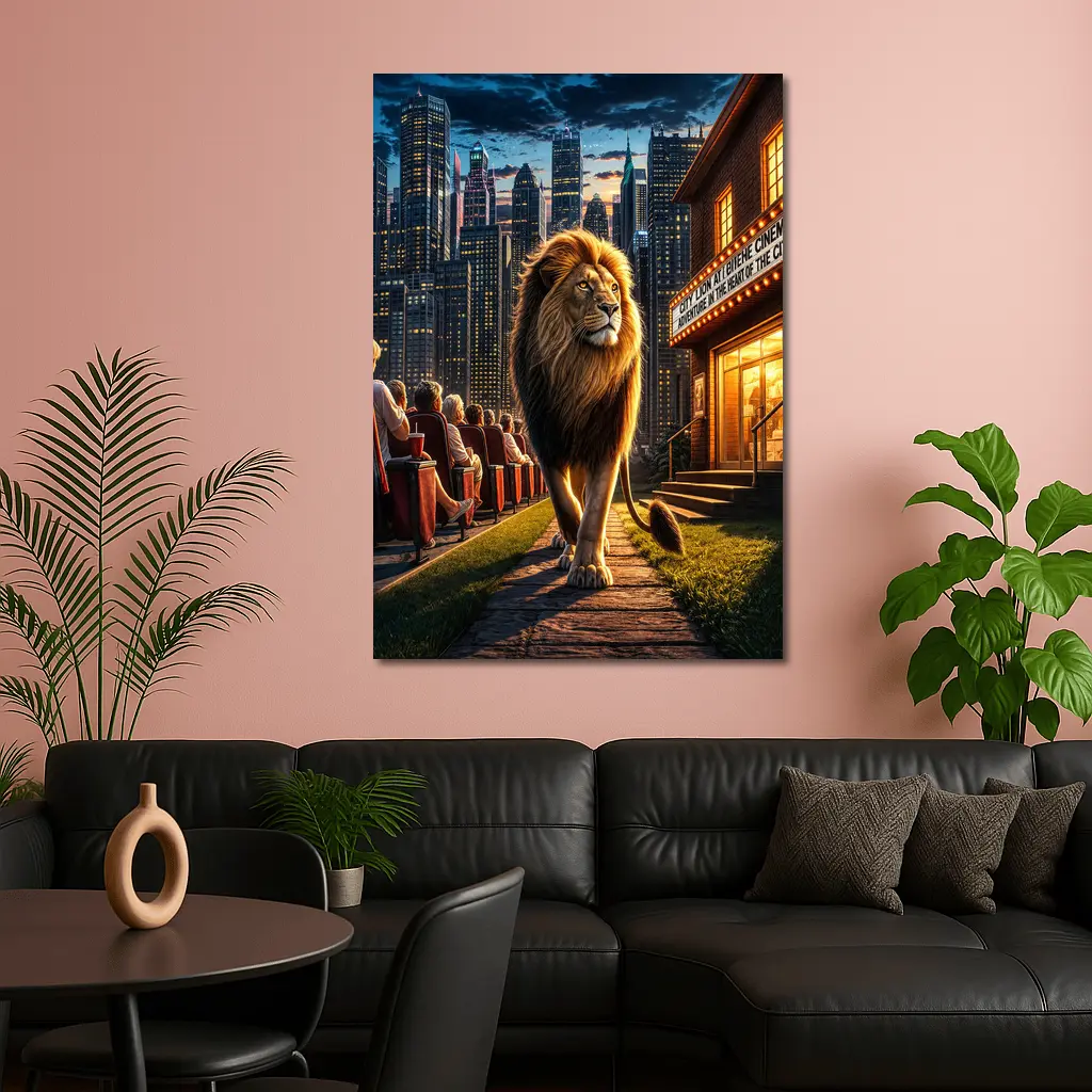 Lion Walking Past City Cinema at Night – Wall Art