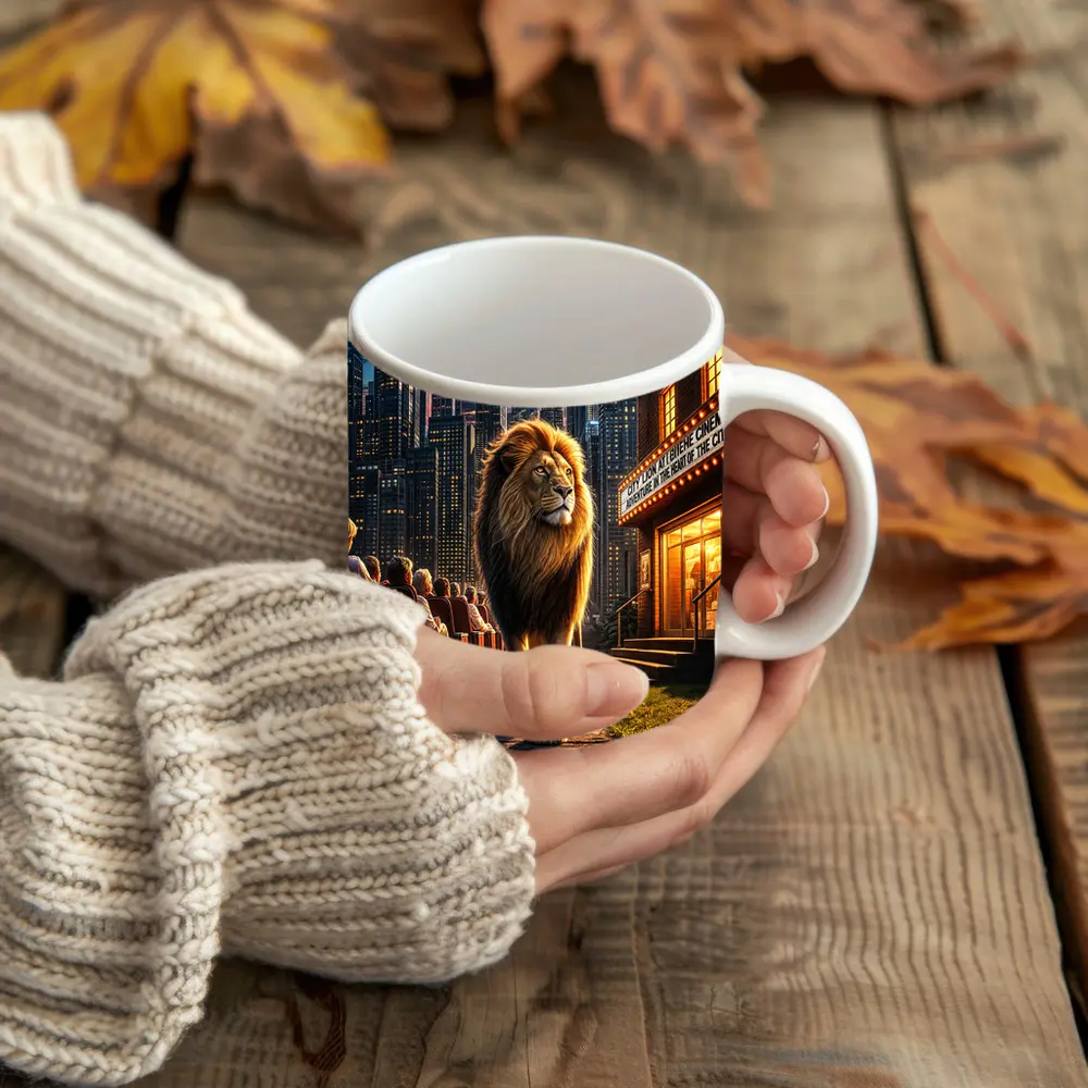 Lion Walking Past City Cinema at Night – Mugs