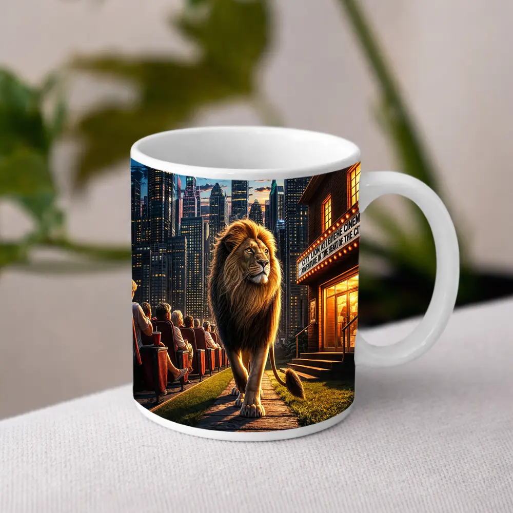 Lion Walking Past City Cinema at Night – Mugs