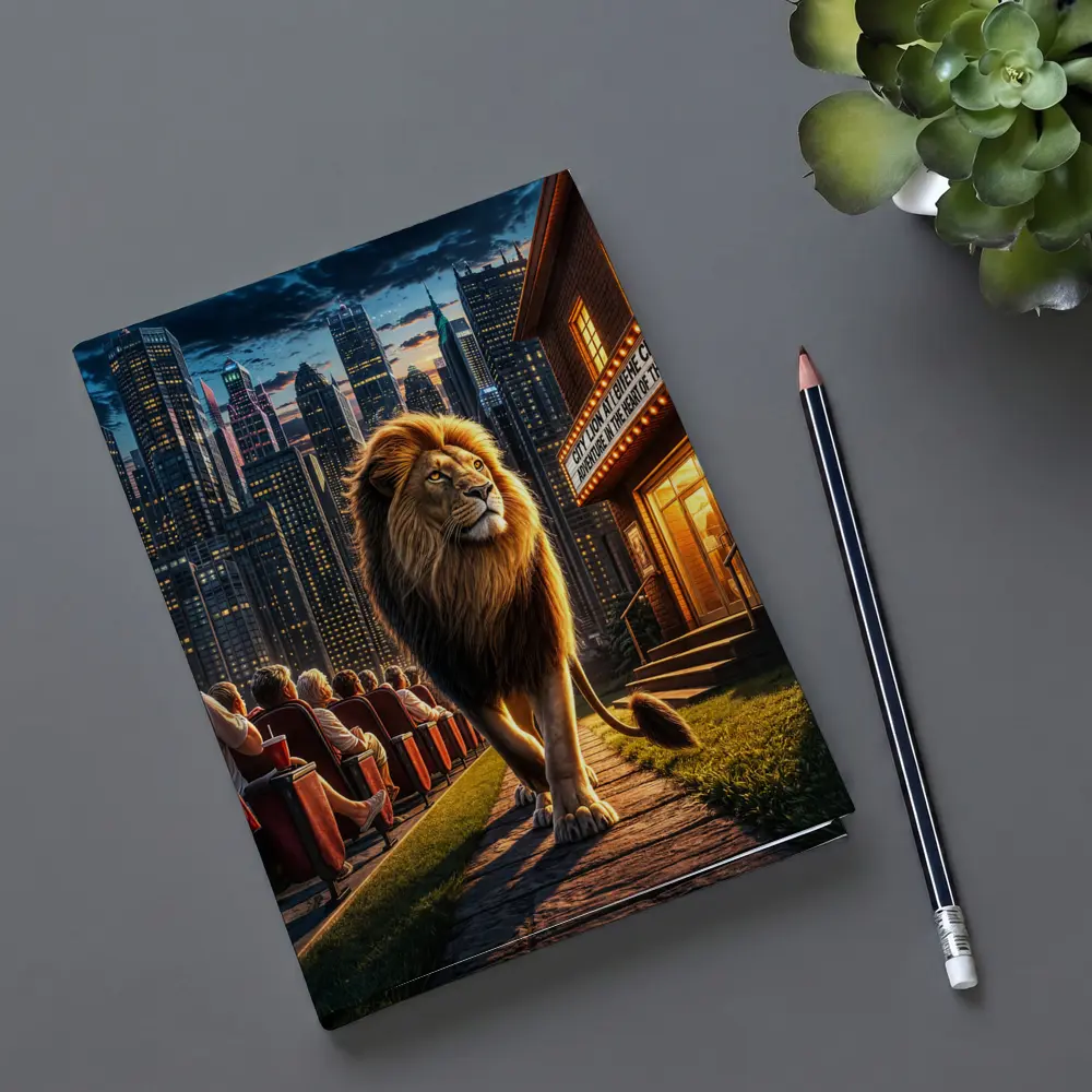 Lion Walking Past City Cinema at Night – Notebooks