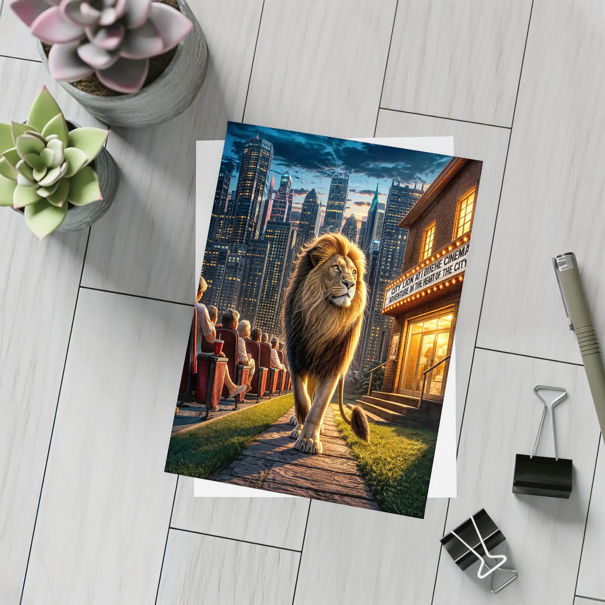 Lion Walking Past City Cinema at Night – Postcards