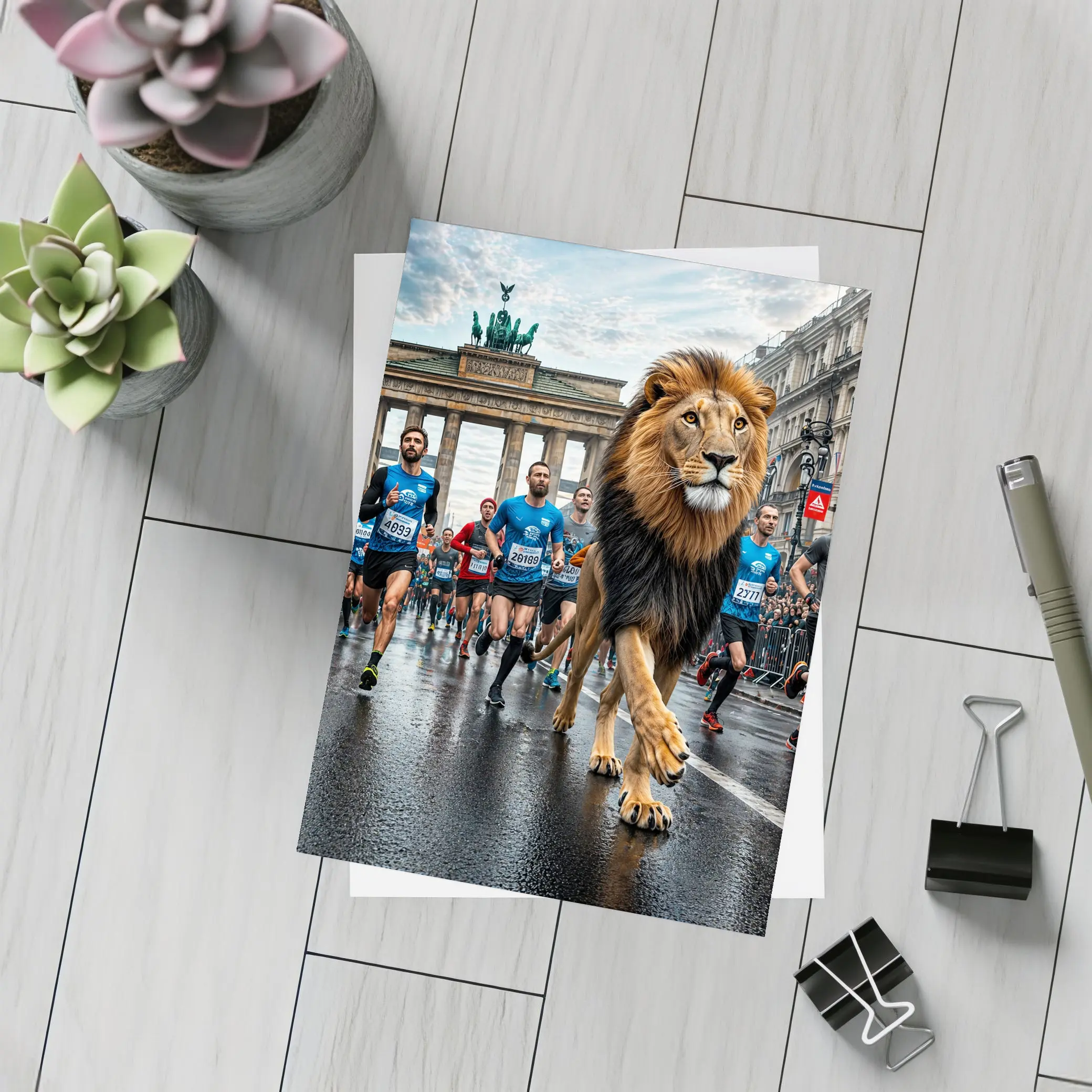 Lion Leading Berlin Marathon Brandenburg Gate Race – Postcards
