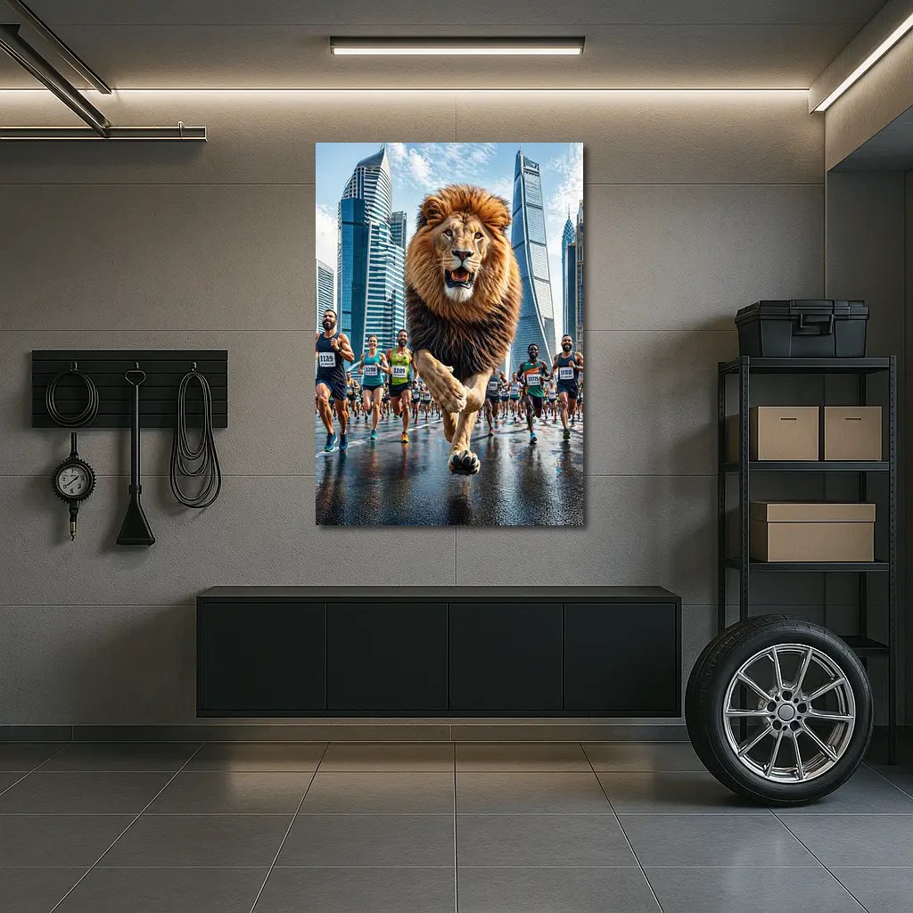 Lion Running City Marathon Skyscrapers Background – Wall Art