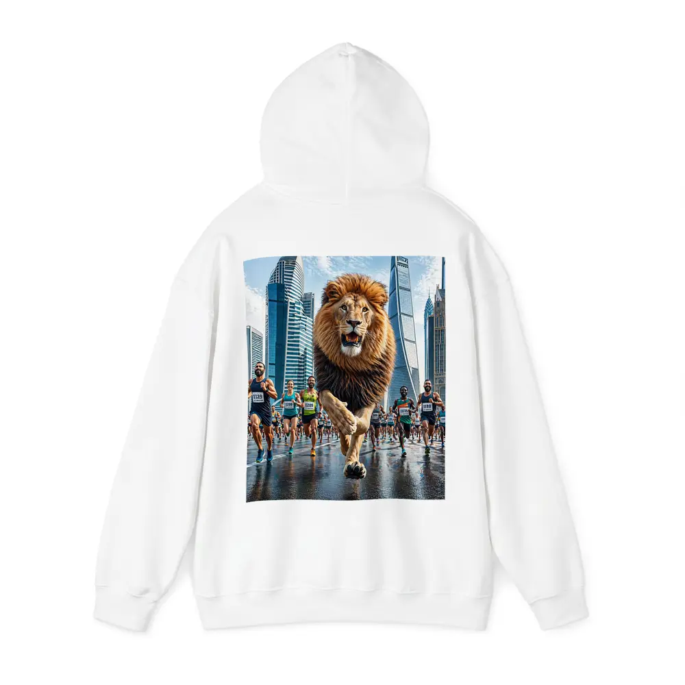 Lion Running City Marathon Skyscrapers Background – Hoodies