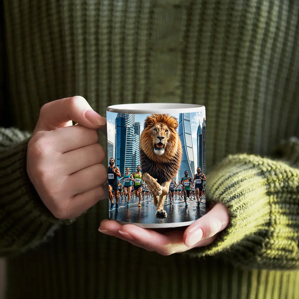 Lion Running City Marathon Skyscrapers Background – Mugs