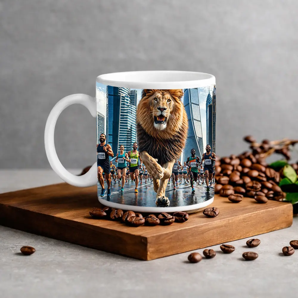 Lion Running City Marathon Skyscrapers Background – Mugs