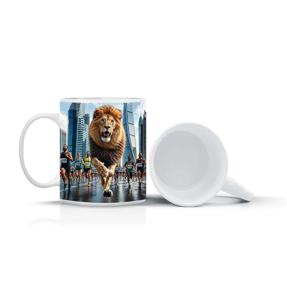 Lion Running City Marathon Skyscrapers Background – Mugs