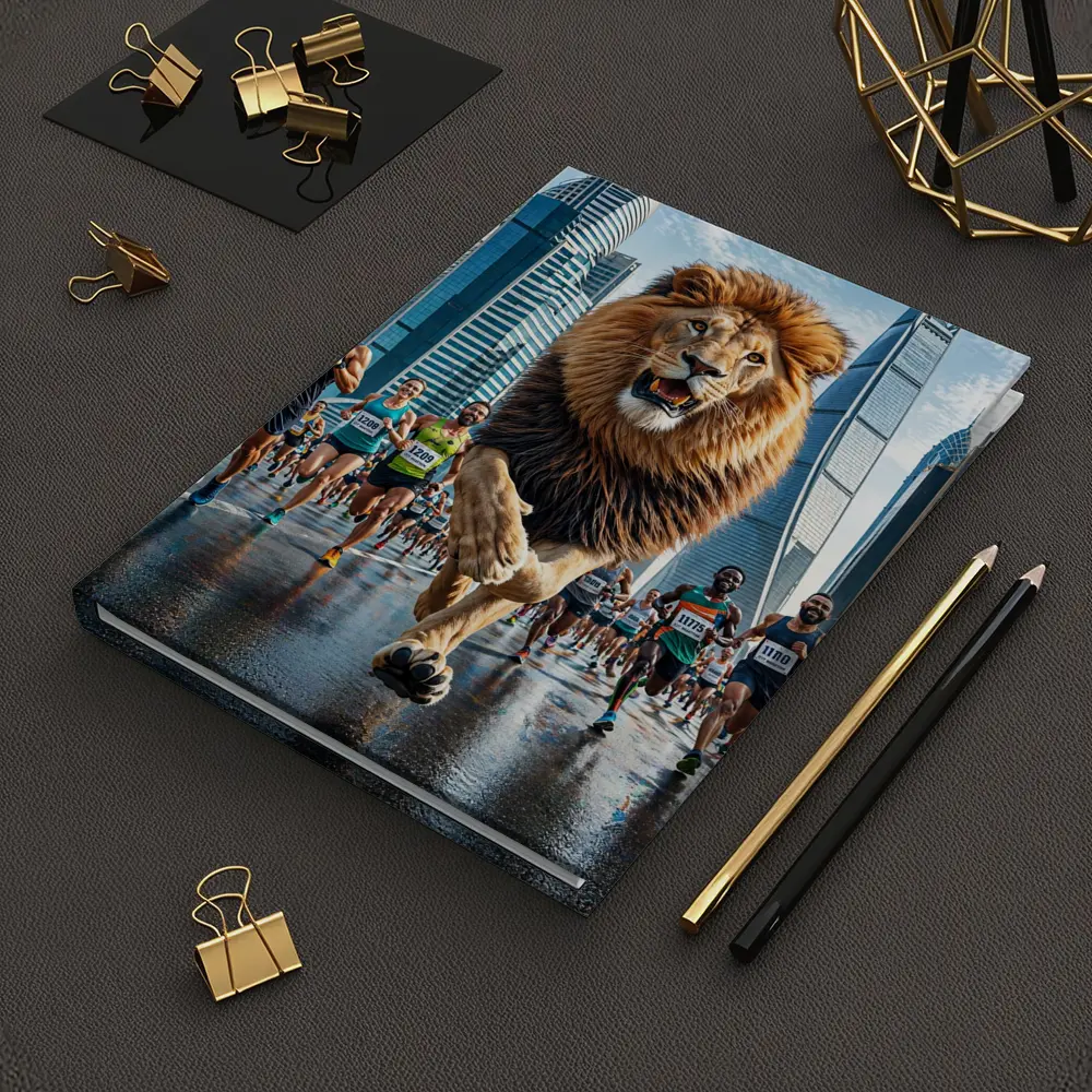 Lion Running City Marathon Skyscrapers Background – Notebooks