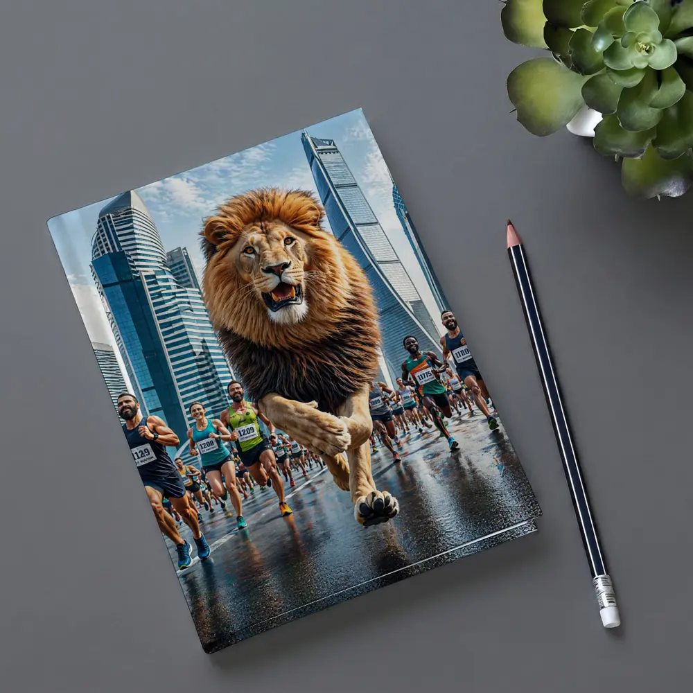 Lion Running City Marathon Skyscrapers Background – Notebooks