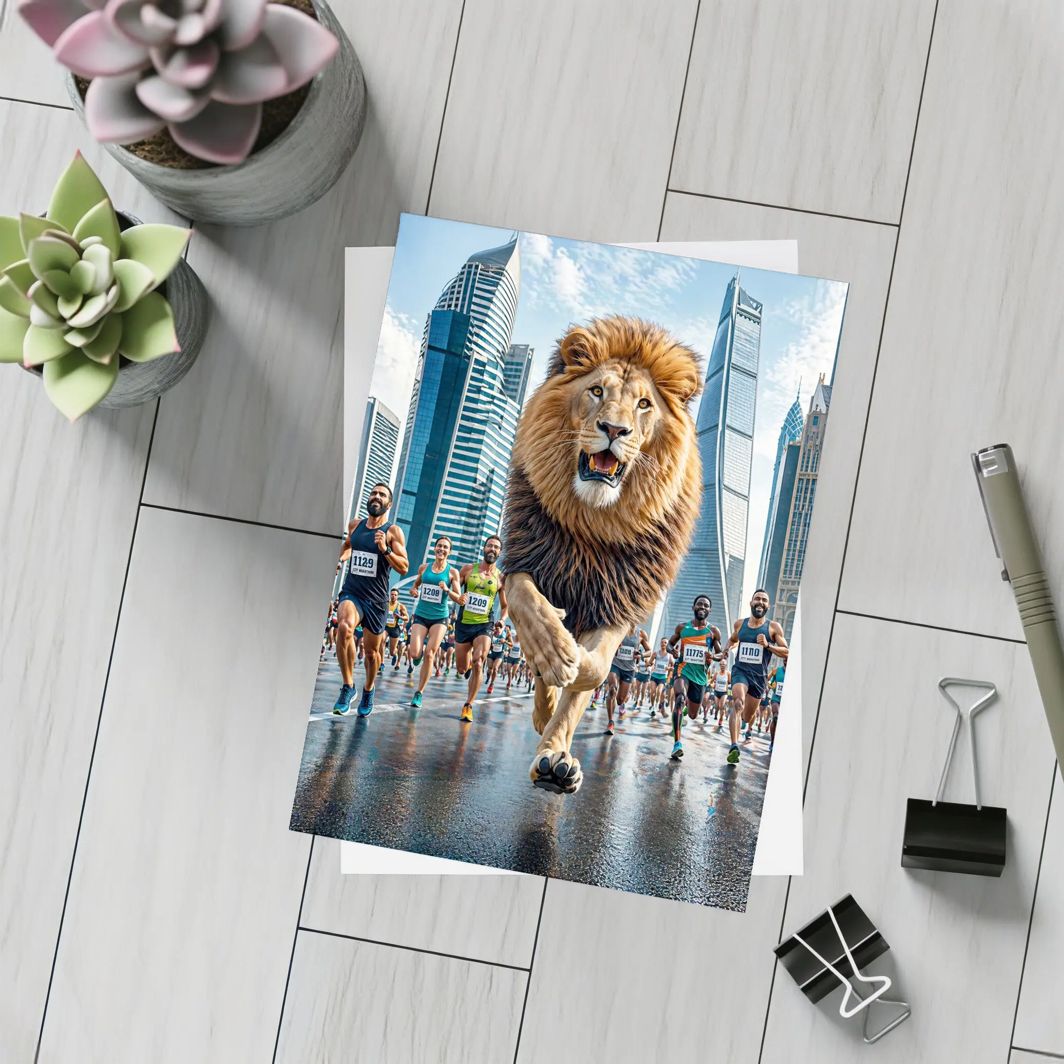 Lion Running City Marathon Skyscrapers Background – Postcards