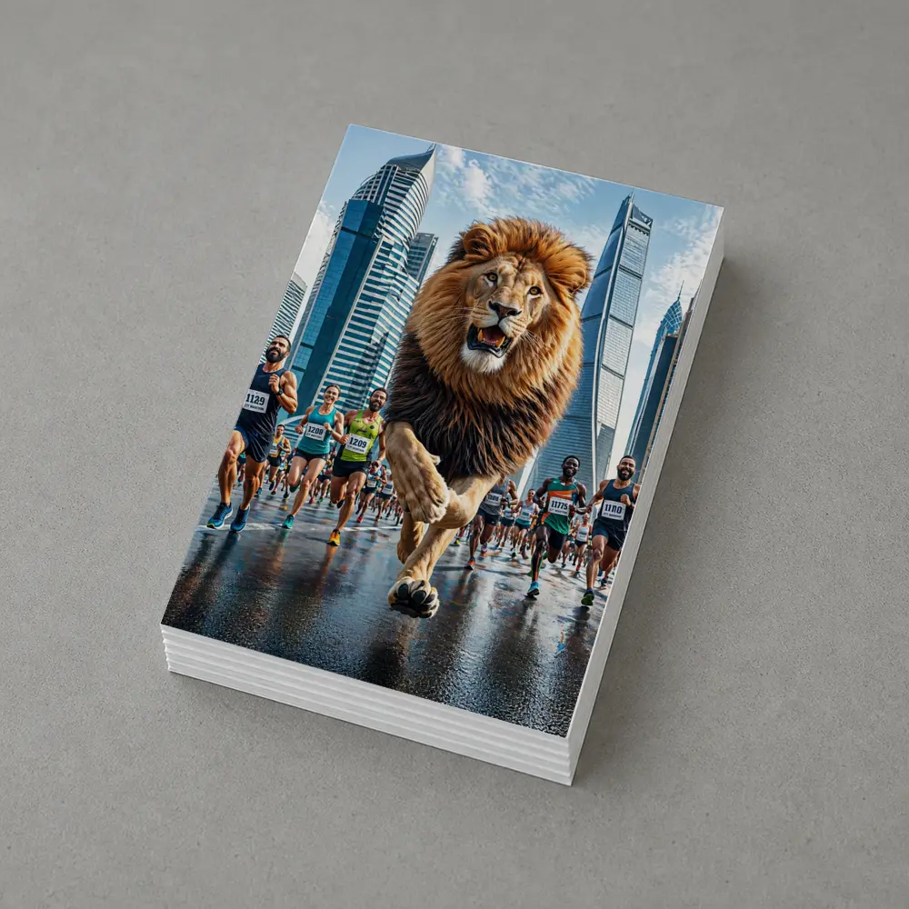 Lion Running City Marathon Skyscrapers Background – Postcards
