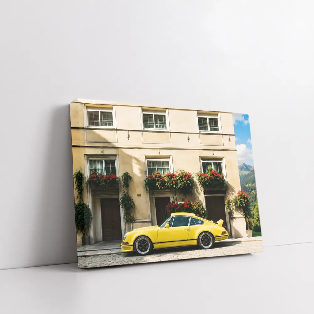 Yellow Porsche 911 Parked Alpine Village – Wall Art