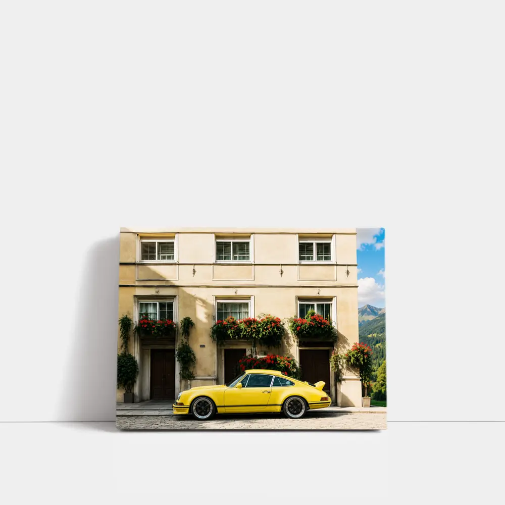 Yellow Porsche 911 Parked Alpine Village – Wall Art