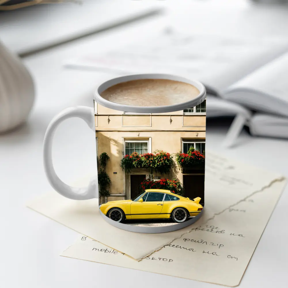 Yellow Porsche 911 Parked Alpine Village – Mugs
