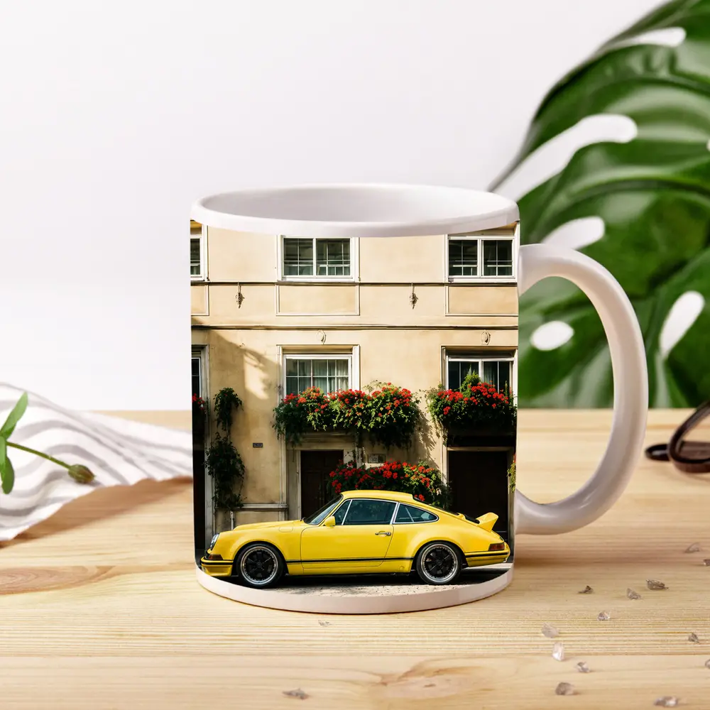 Yellow Porsche 911 Parked Alpine Village – Mugs