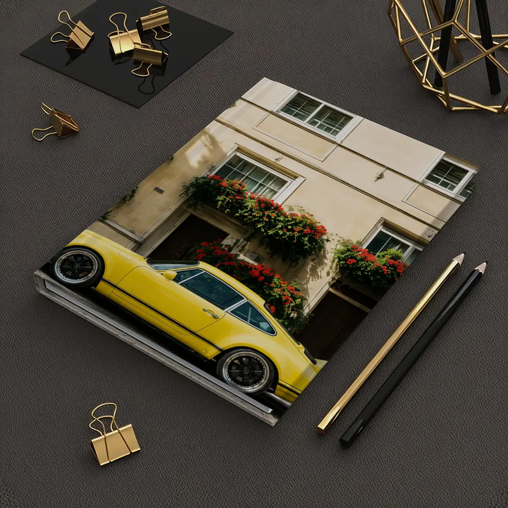 Yellow Porsche 911 Parked Alpine Village – Notebooks