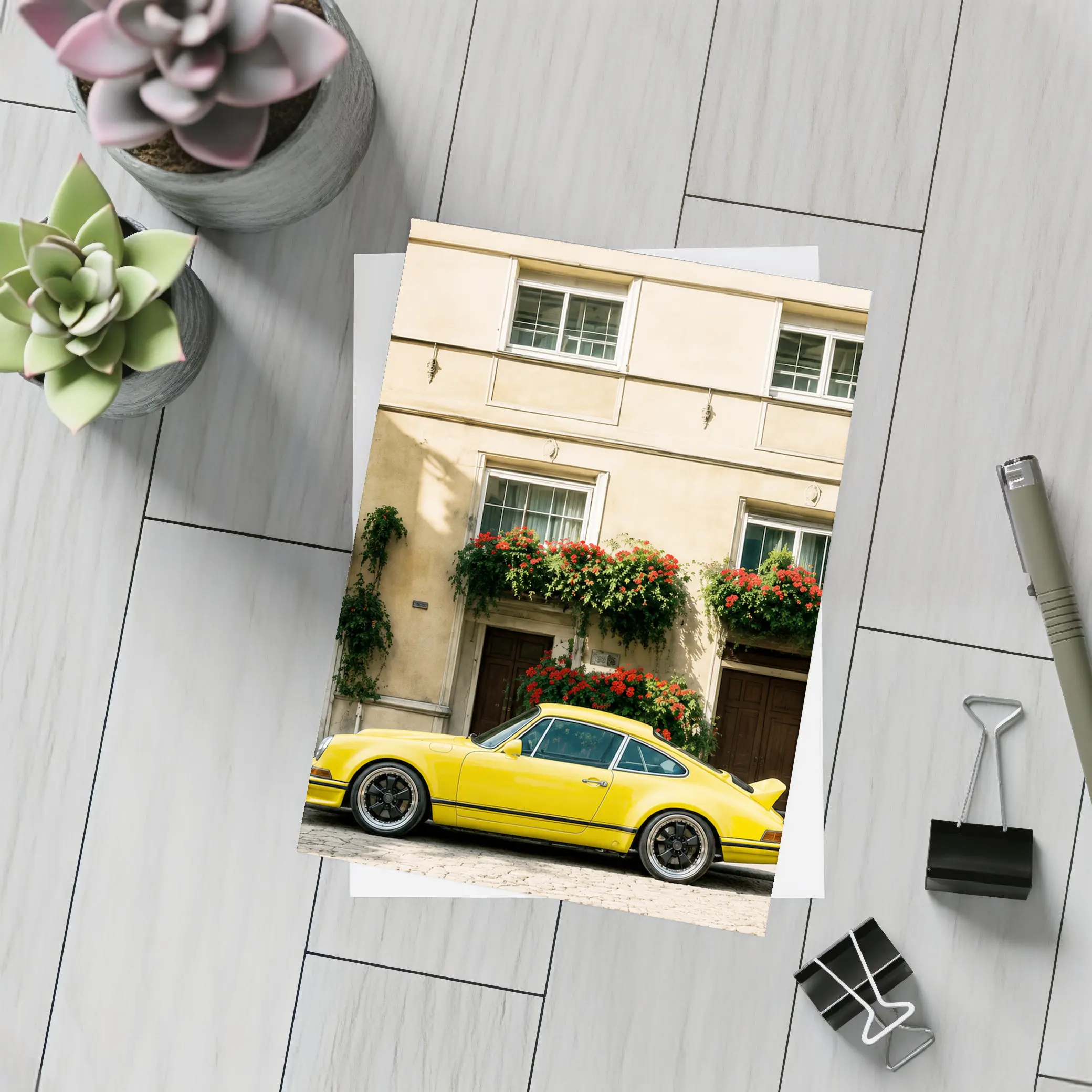 Yellow Porsche 911 Parked Alpine Village – Postcards