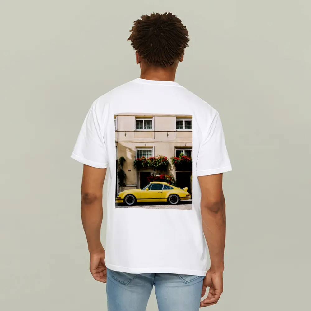 Yellow Porsche 911 Parked Alpine Village – T-Shirts
