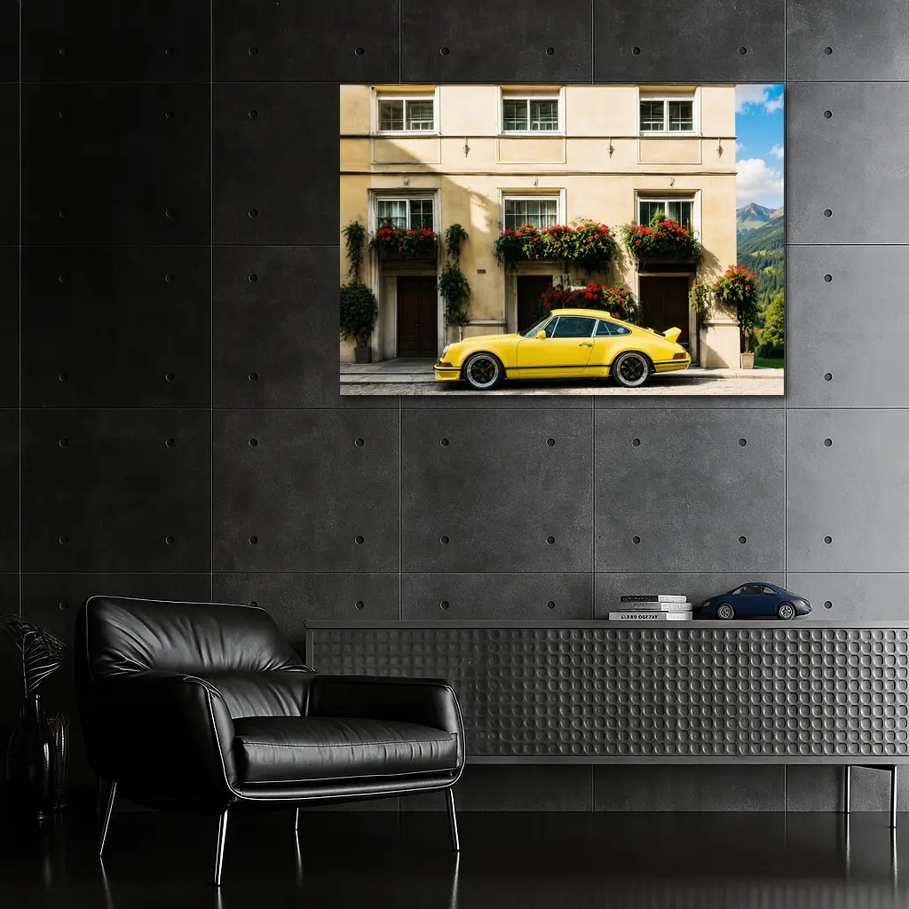 Yellow Porsche 911 Parked Alpine Village – Wall Art