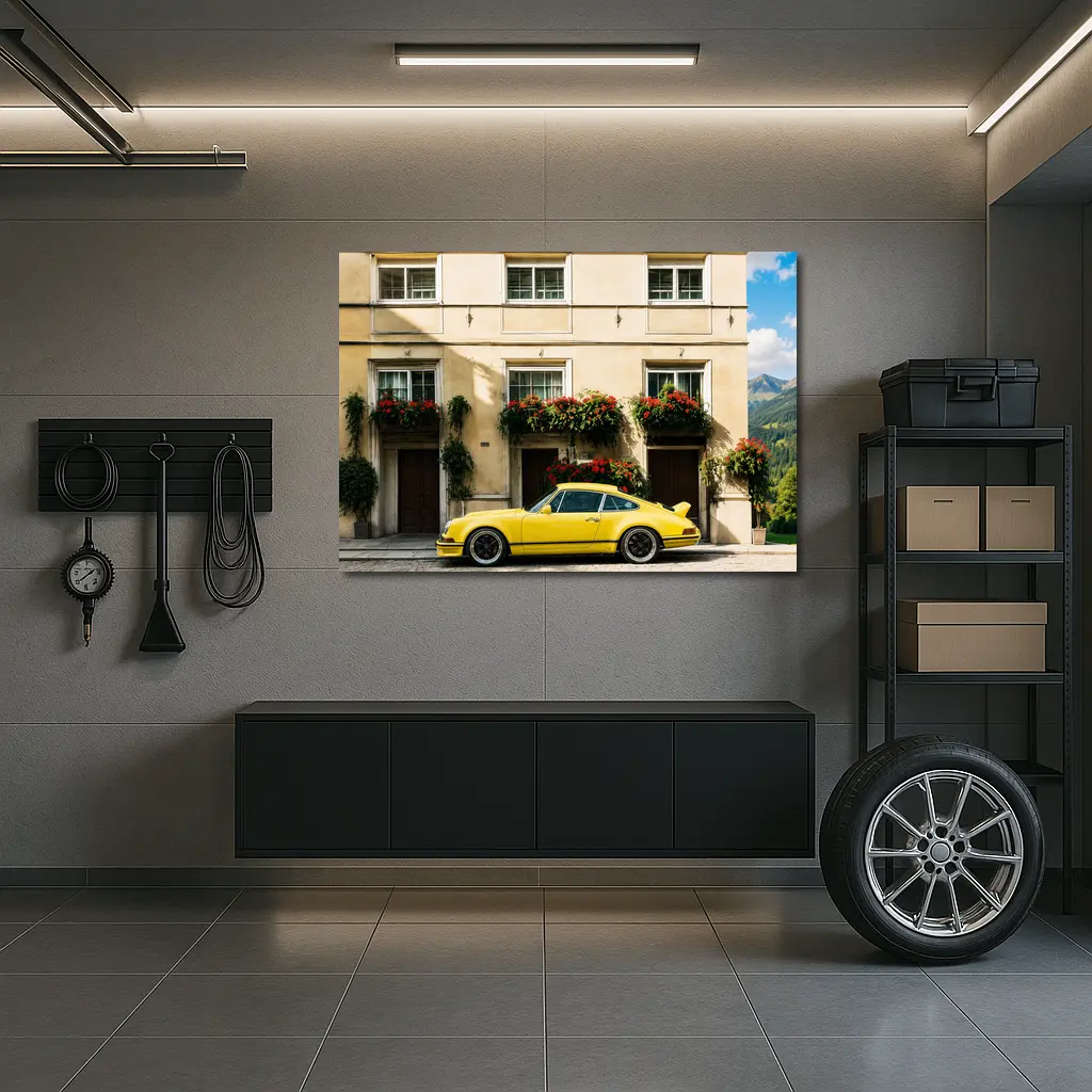 Yellow Porsche 911 Parked Alpine Village – Wall Art