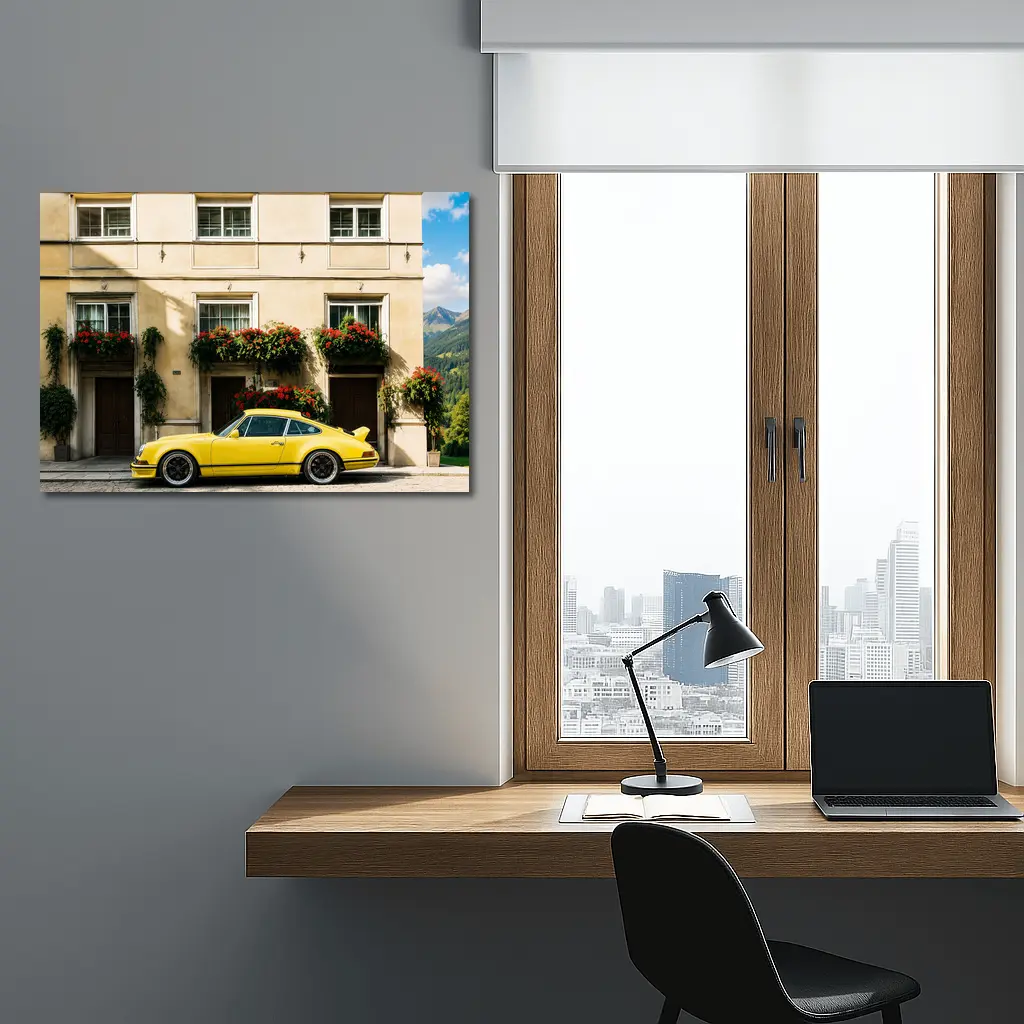 Yellow Porsche 911 Parked Alpine Village – Wall Art