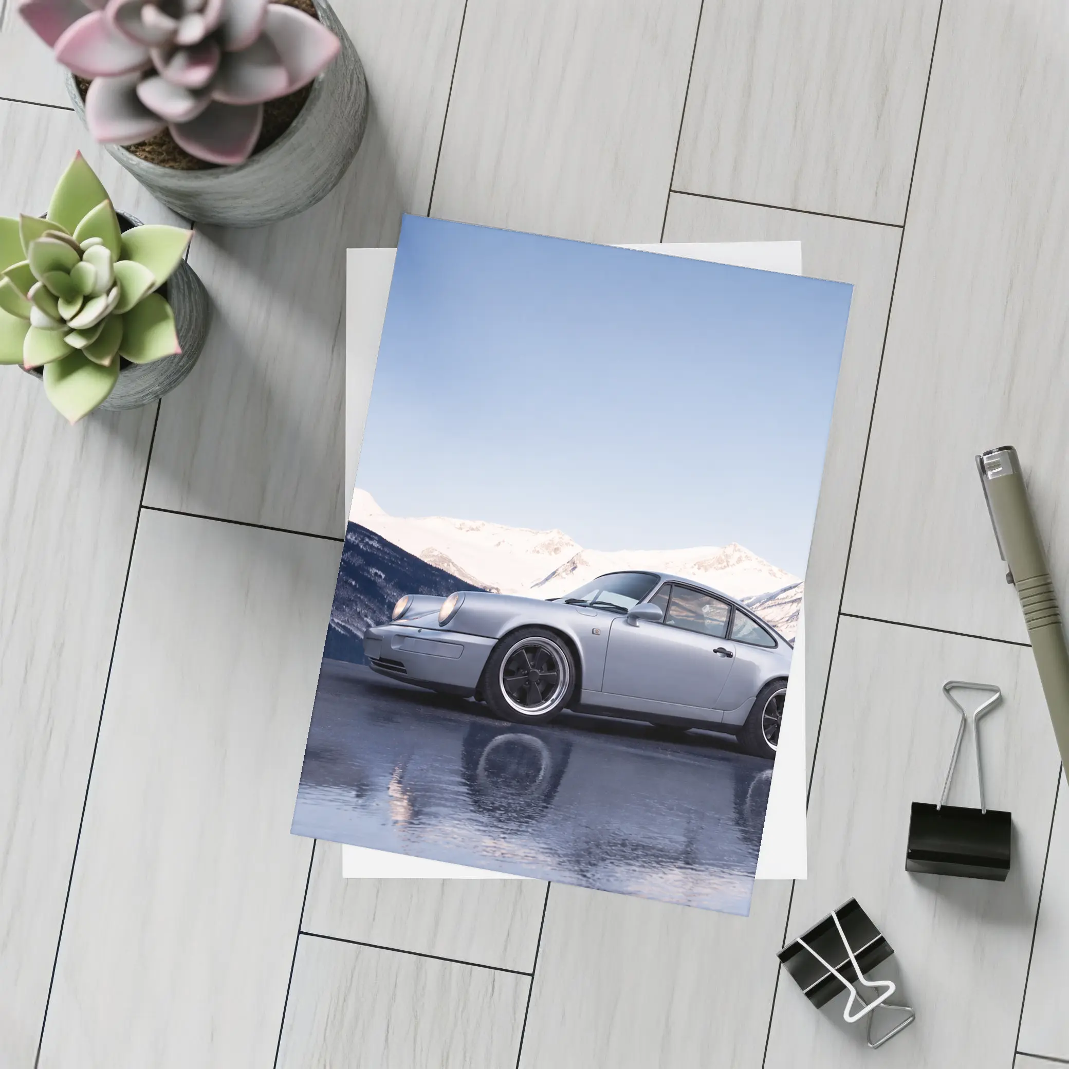 Porsche 911 Silver Coupe Snow Mountains – Postcards