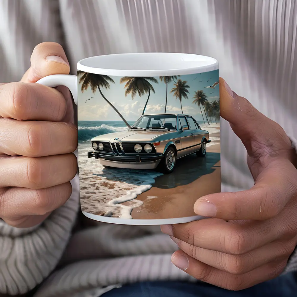 Classic BMW Sedan Parked on Tropical Beach – Mugs