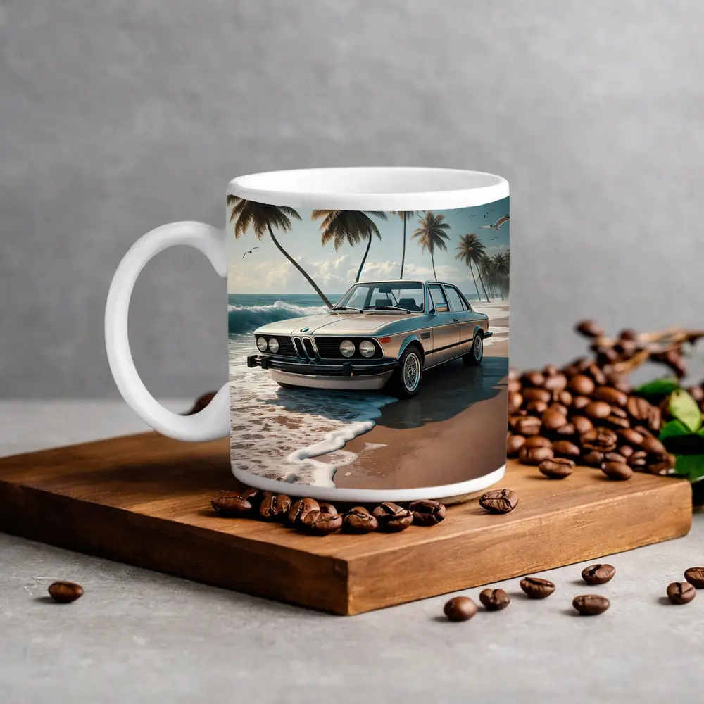 Classic BMW Sedan Parked on Tropical Beach – Mugs