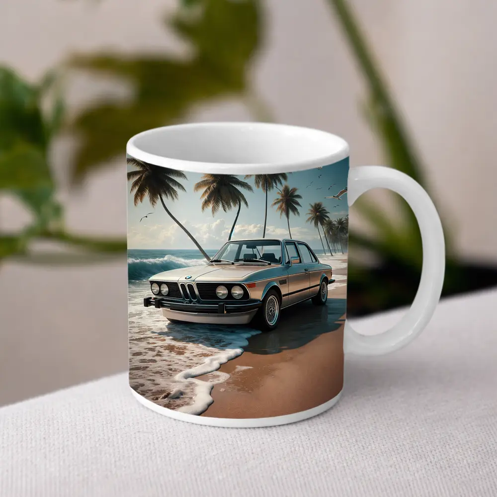 Classic BMW Sedan Parked on Tropical Beach – Mugs