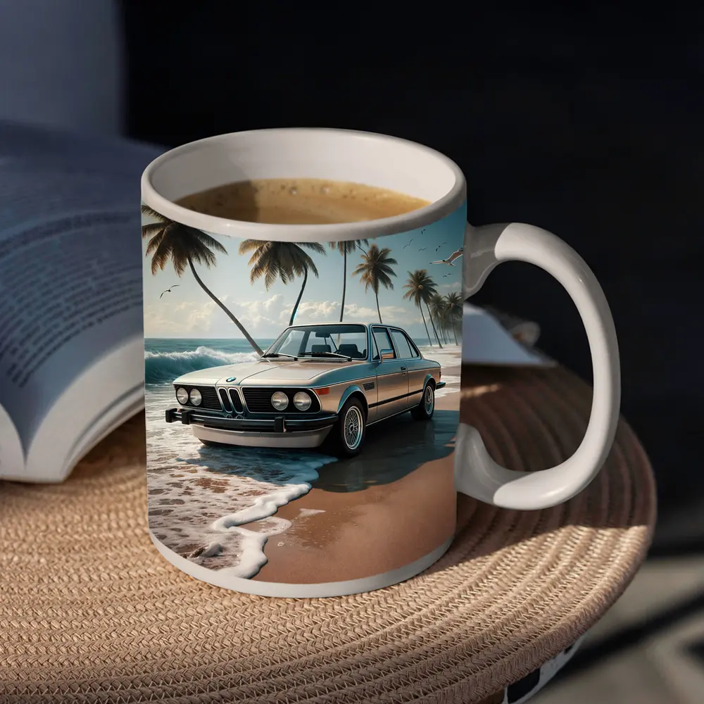 Classic BMW Sedan Parked on Tropical Beach – Mugs