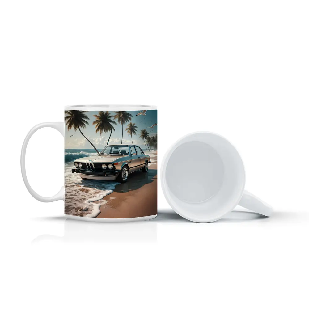 Classic BMW Sedan Parked on Tropical Beach – Mugs