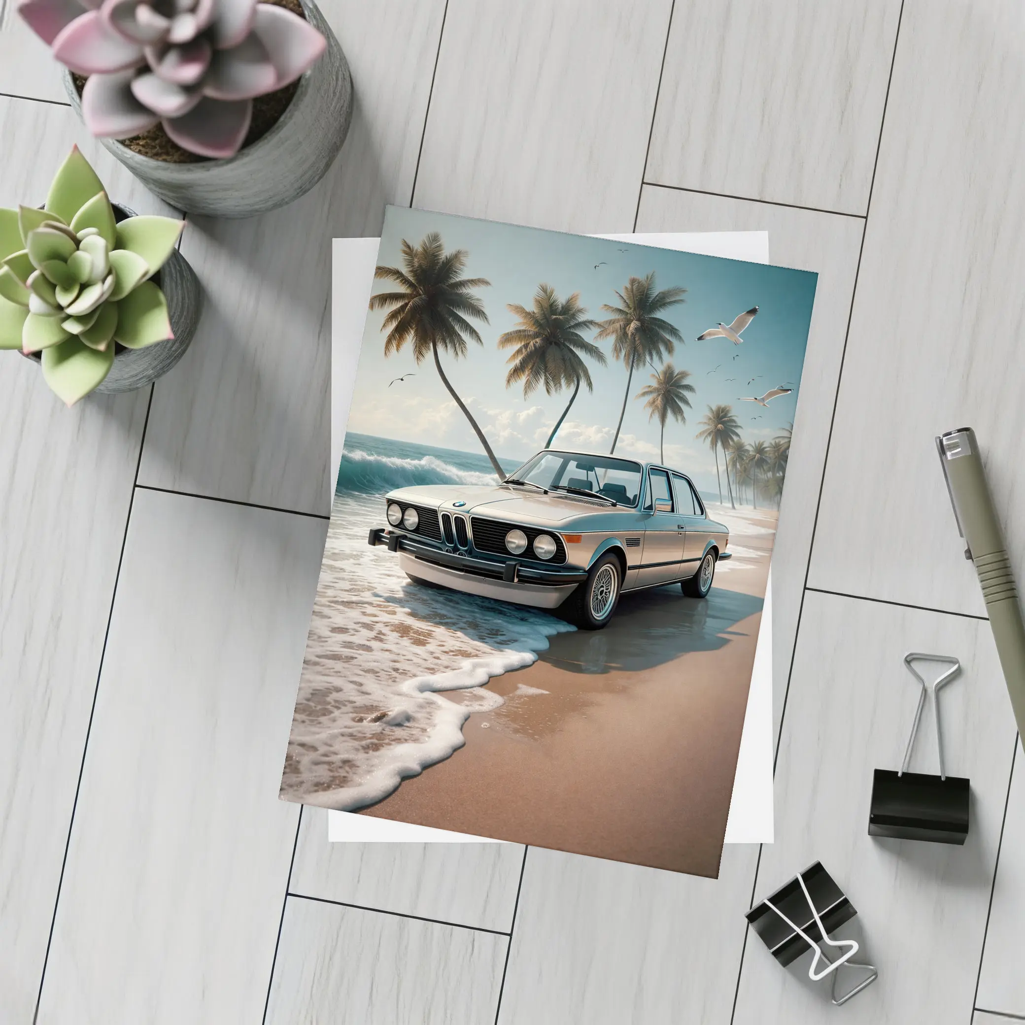 Classic BMW Sedan Parked on Tropical Beach – Postcards