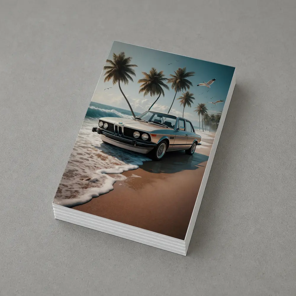 Classic BMW Sedan Parked on Tropical Beach – Postcards