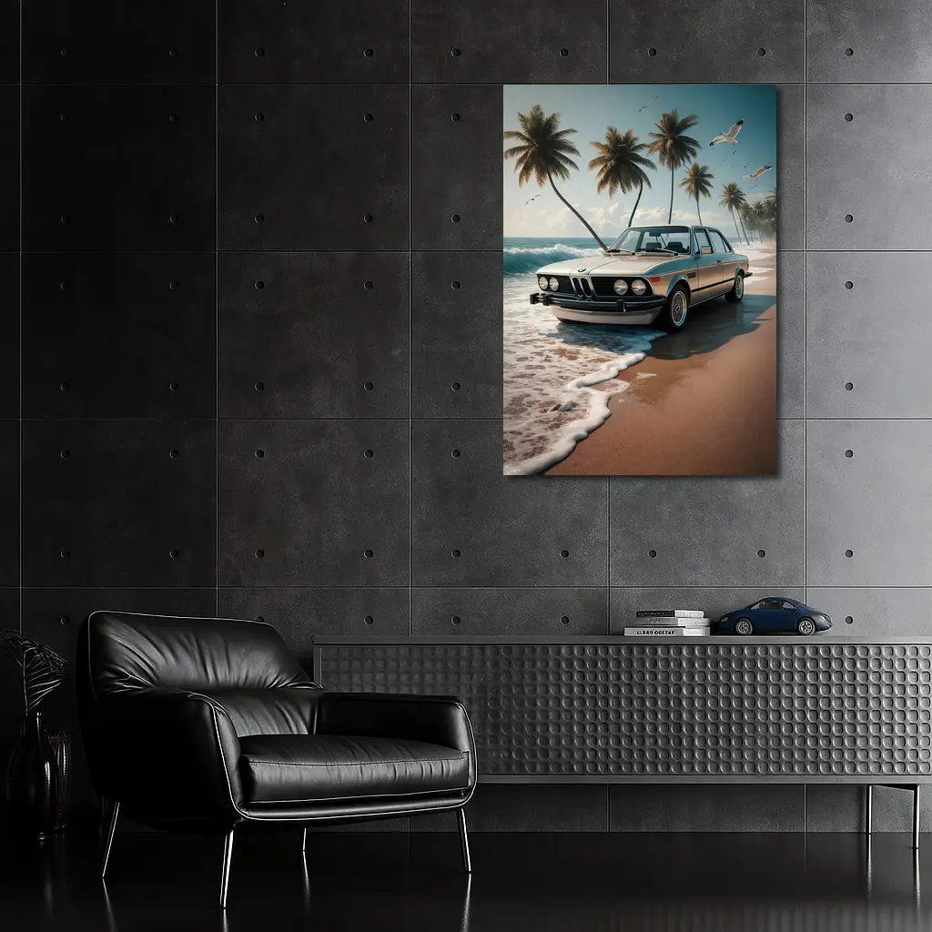 Classic BMW Sedan Parked on Tropical Beach – Wall Art