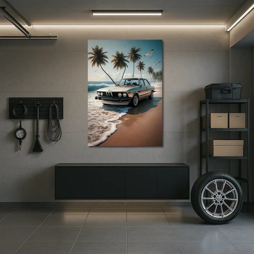 Classic BMW Sedan Parked on Tropical Beach – Wall Art