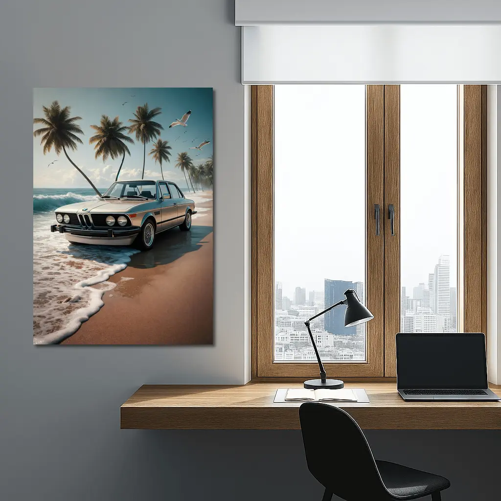 Classic BMW Sedan Parked on Tropical Beach – Wall Art