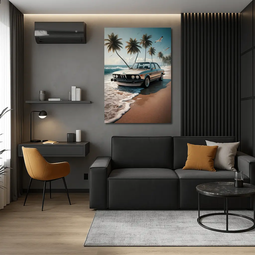 Classic BMW Sedan Parked on Tropical Beach – Wall Art