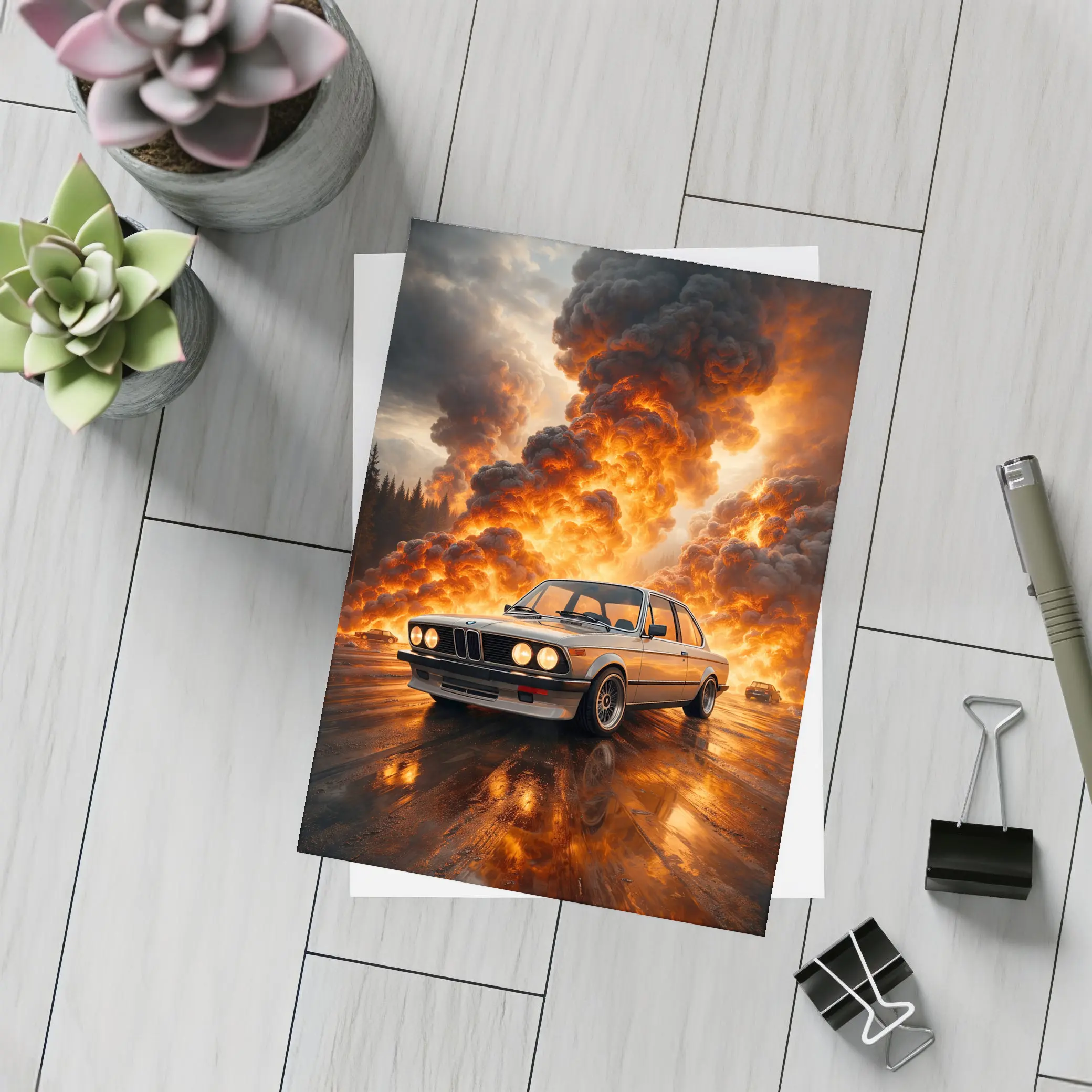 BMW E21 3 Series Fire Explosion Scene – Postcards