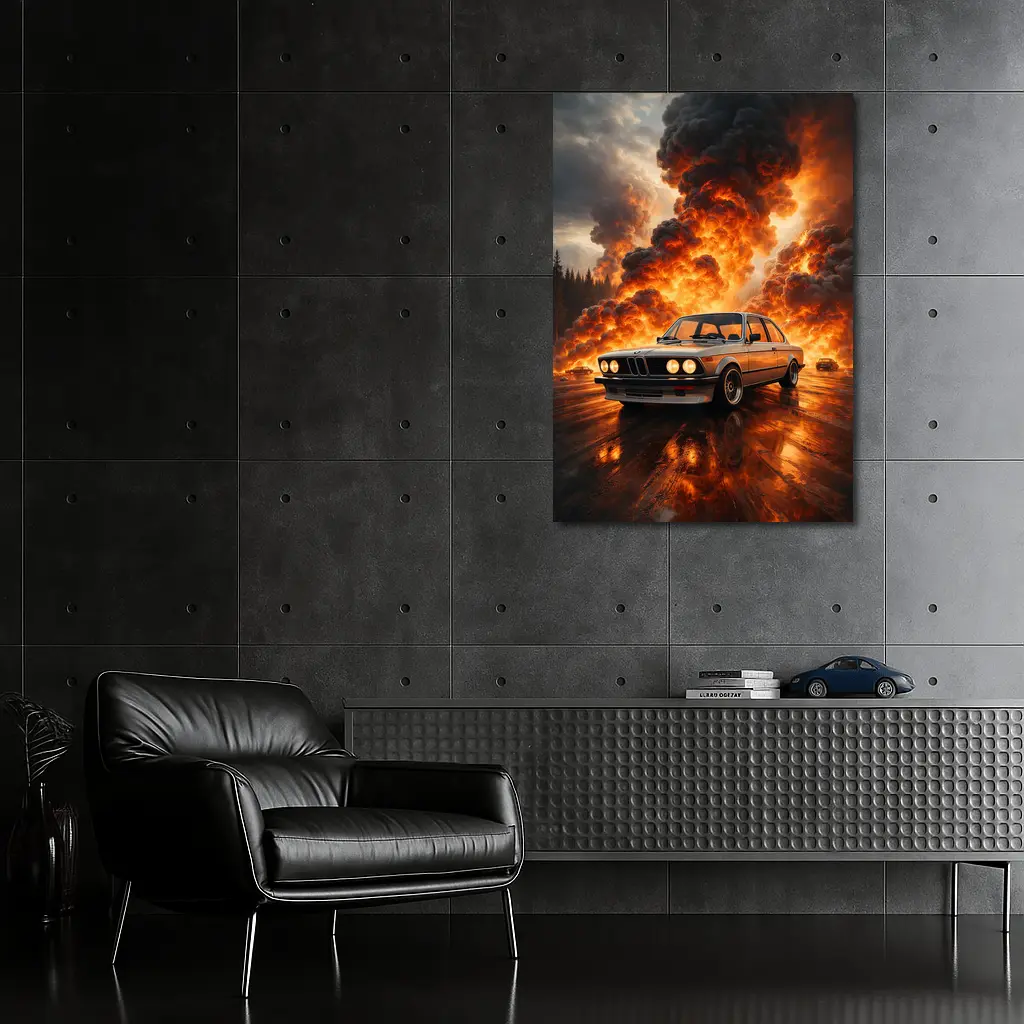 BMW E21 3 Series Fire Explosion Scene – Wall Art