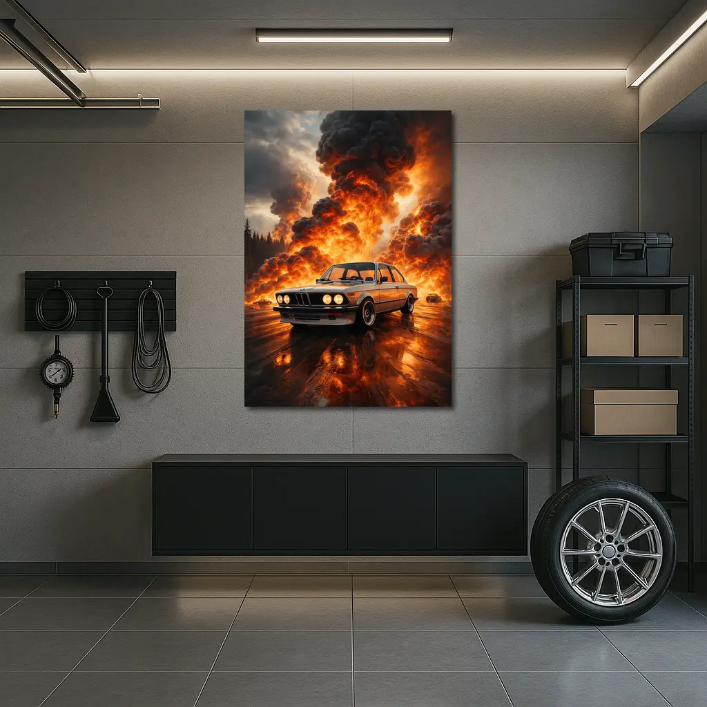 BMW E21 3 Series Fire Explosion Scene – Wall Art