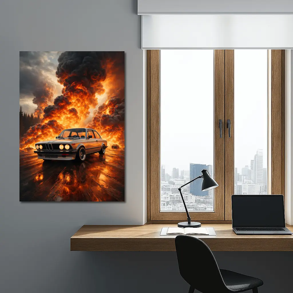 BMW E21 3 Series Fire Explosion Scene – Wall Art