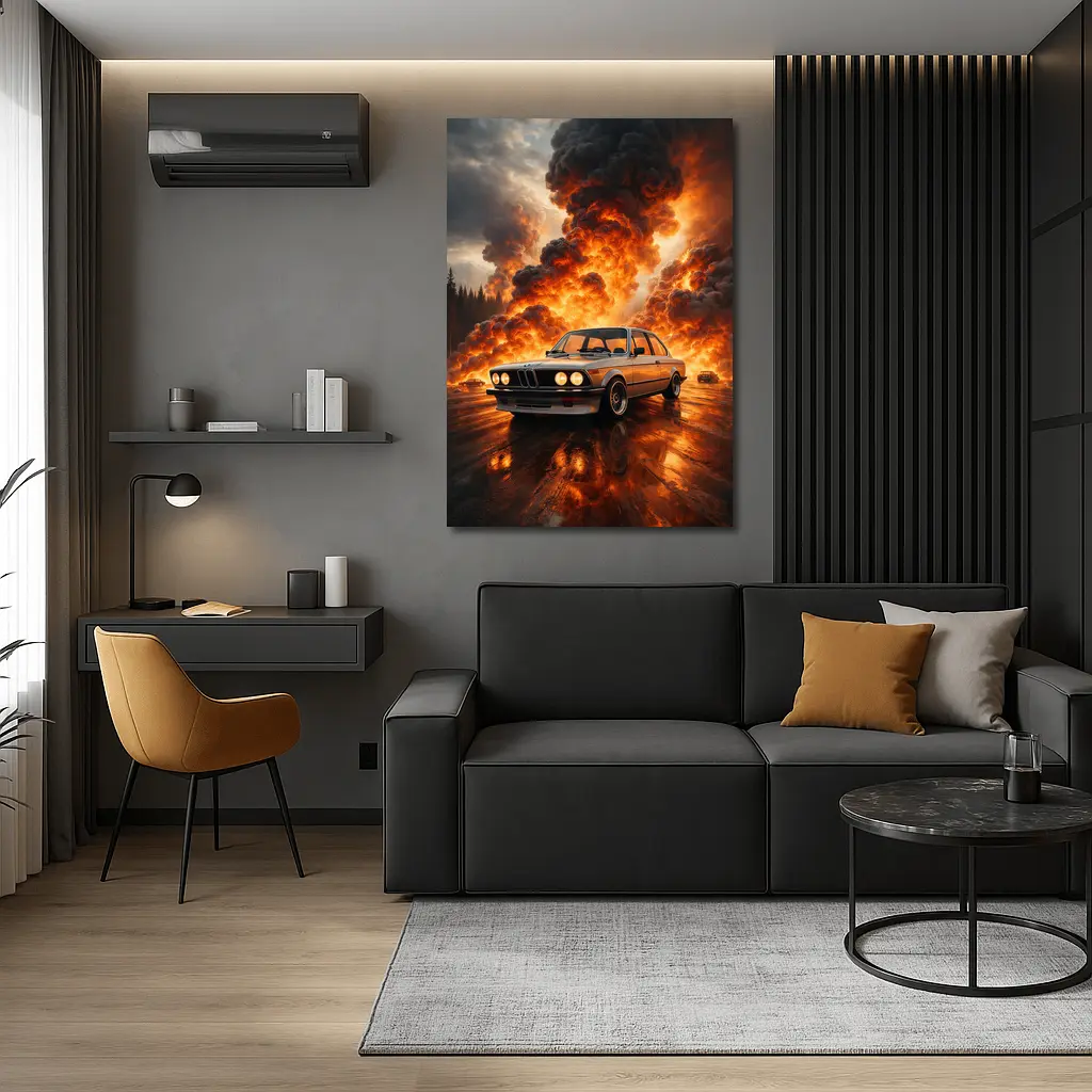 BMW E21 3 Series Fire Explosion Scene – Wall Art