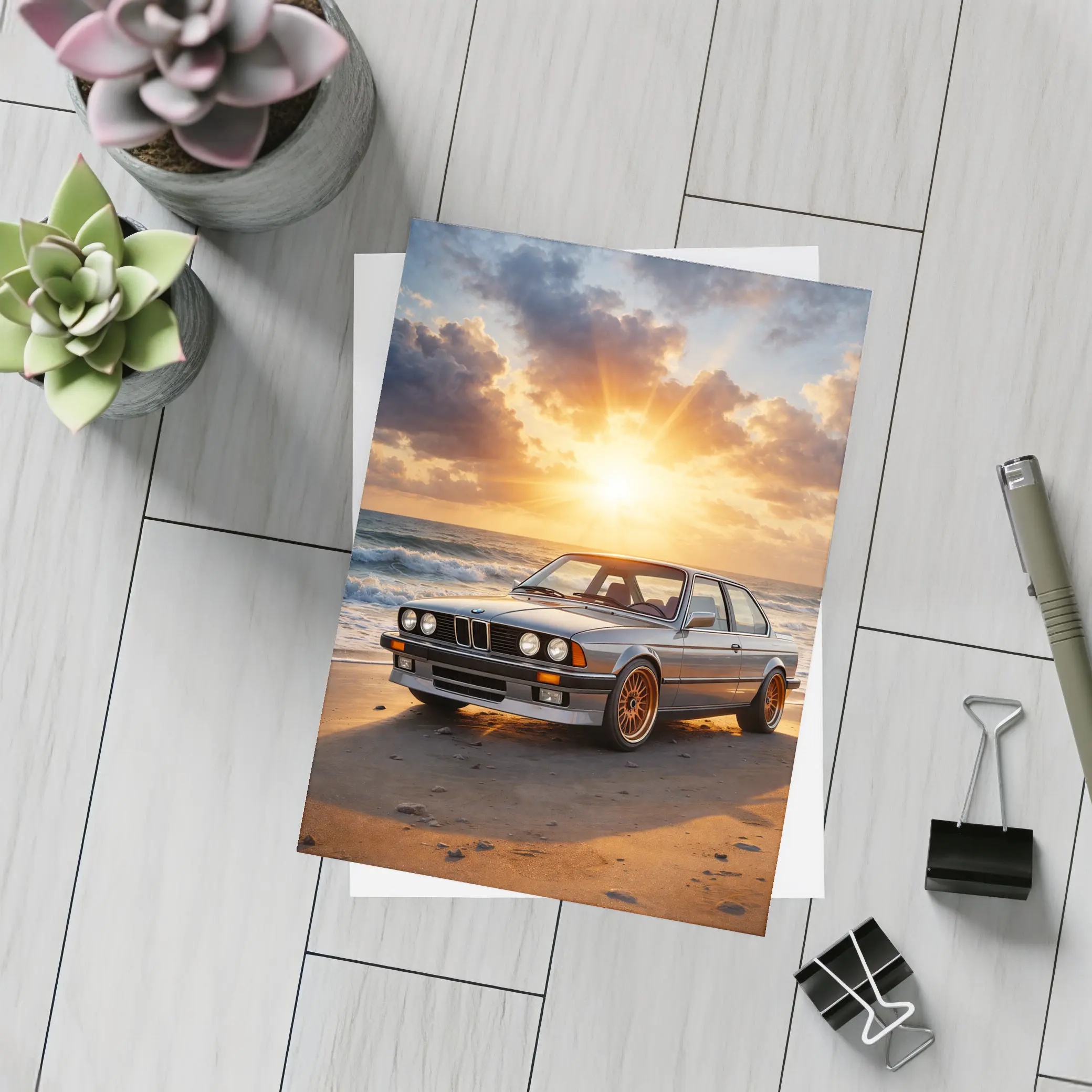 BMW E24 Classic Coupe Beach Sunset – Postcards