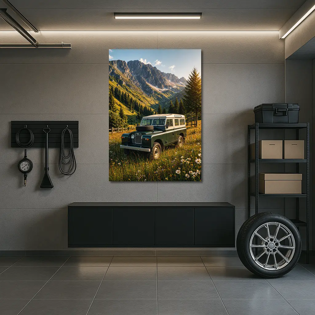 Classic Land Rover Defender Alpine Meadow Mountains – Wall Art