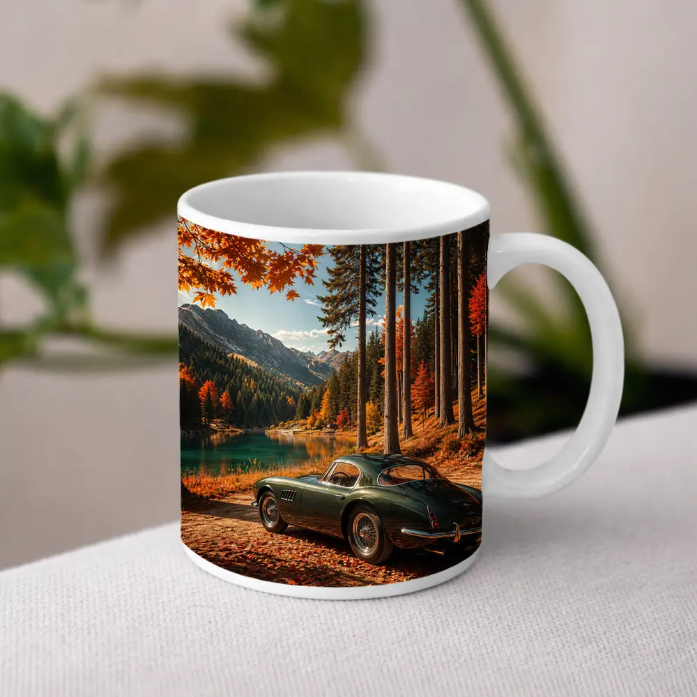 Classic Maserati Parked By Autumn Mountain Lake – Mugs