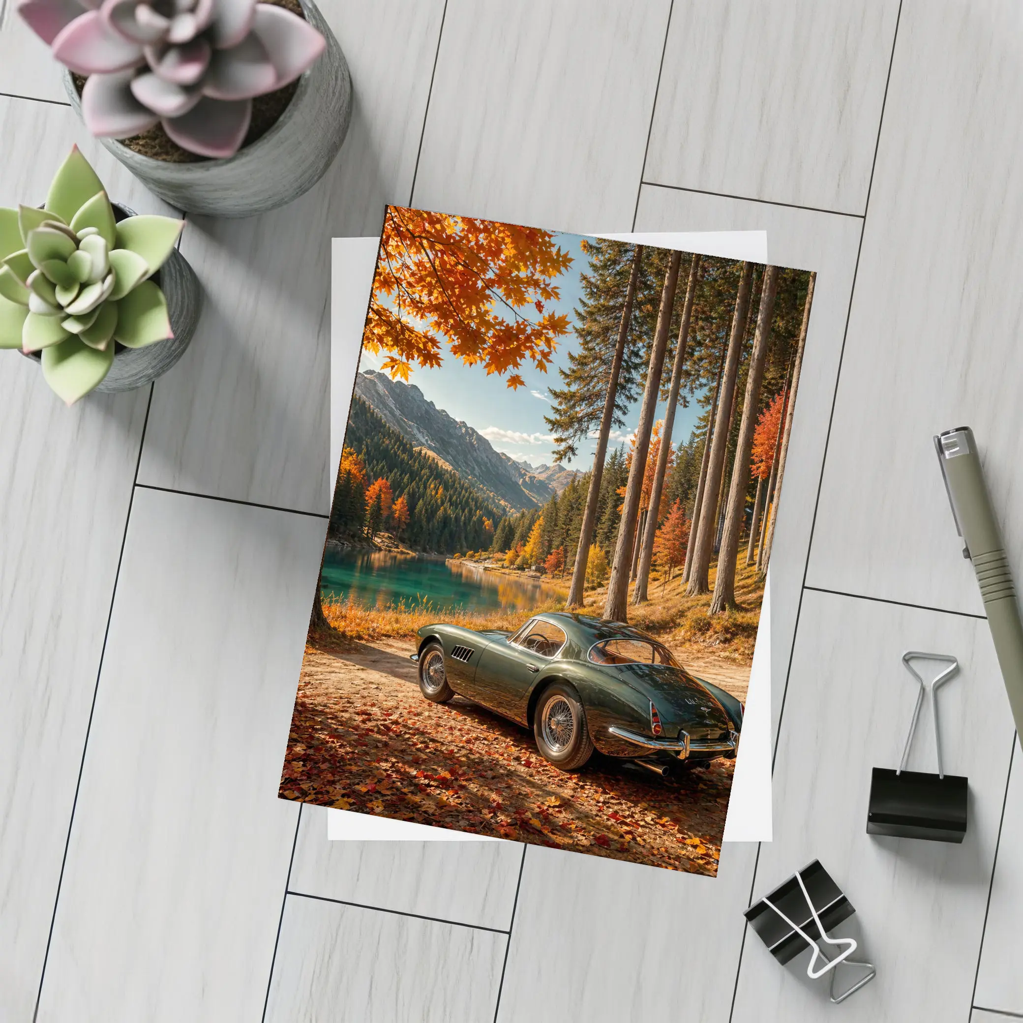 Classic Maserati Parked By Autumn Mountain Lake – Postcards